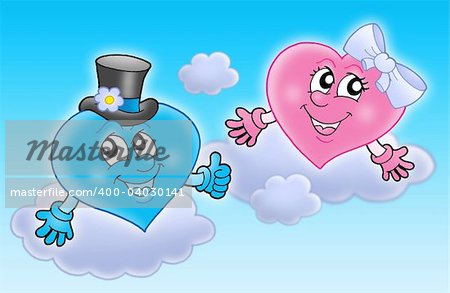 Two wedding hearts on sky - color illustration.