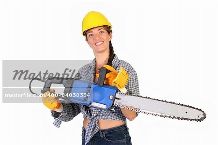 Beauty woman with chainsaw on white background