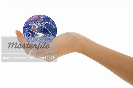 Caucasian female hand holding the earth on white backgound