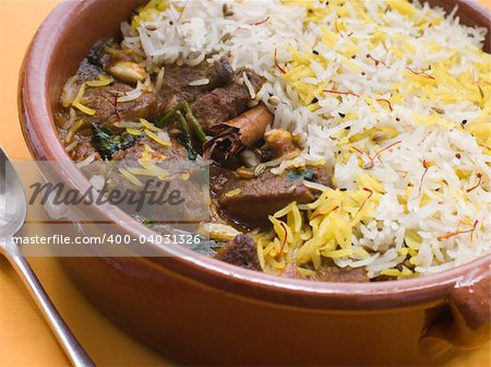 Close up of Pot of Lamb Biryani with a spoon