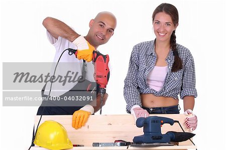 construction workers at work on white background