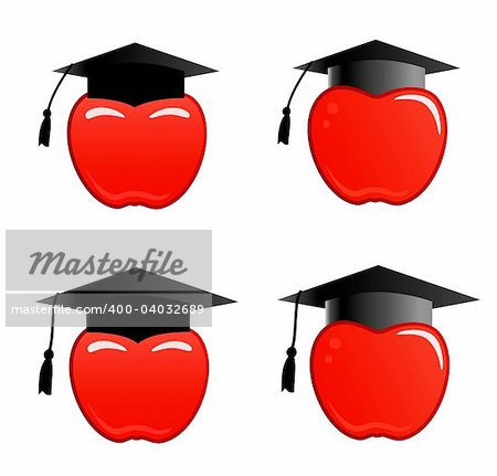 Apple in graduation cap. Four different pictures: in the big and small caps.
