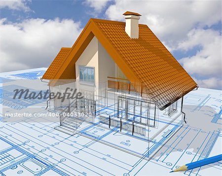 Isometric view the residential house on architect?s drawing.