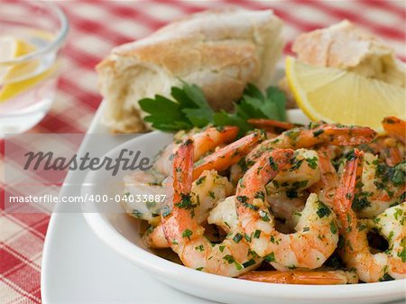Dish of Garlic Buttered Tiger Prawns with Rustic Bread