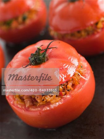 Stuffed Beef Tomato on a Baking Sheet