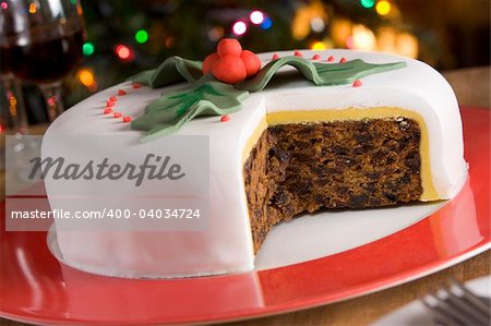 Decorated Christmas Fruit Cake with slices taken