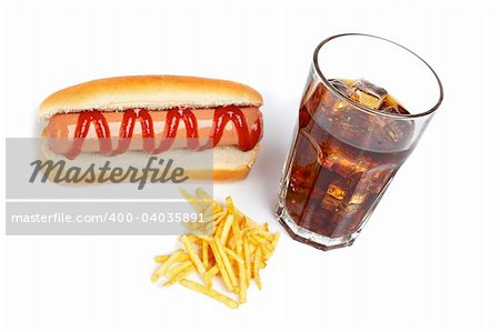 Hot dog, soda glass and french fries on white background. Shallow depth of filed