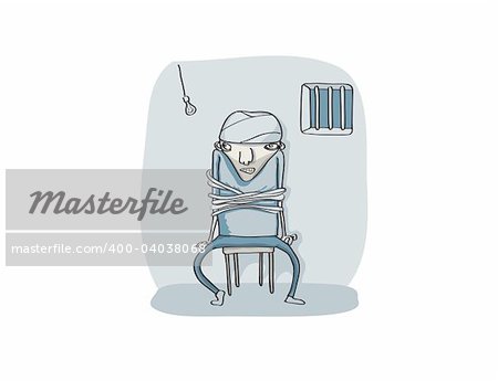 Vector Illustration of Young guy roped on to the chair in a cold dark place