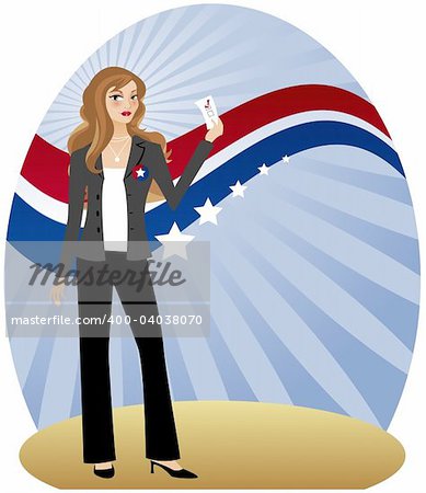 Stylish woman holding her ballot and getting ready to vote - in front of radiant background with red, white and blue banner