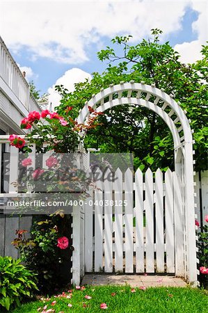White arbor with red blooming roses in a garden