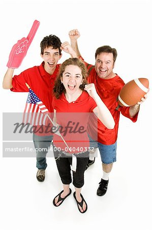 Group of football fans going wild.  Full body isolated on white.