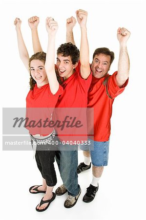 Sports fans wearing their team colors and cheering with their arms in the air.  Full body isolated on white.