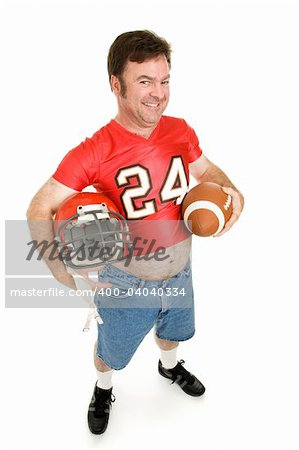 Middle aged man in his highschool football uniform, reliving his youth.