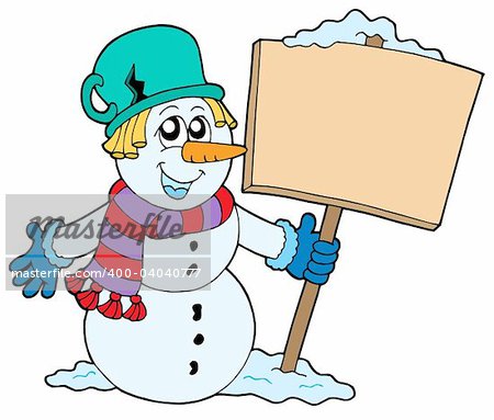 Snowman with sign - vector illustration.
