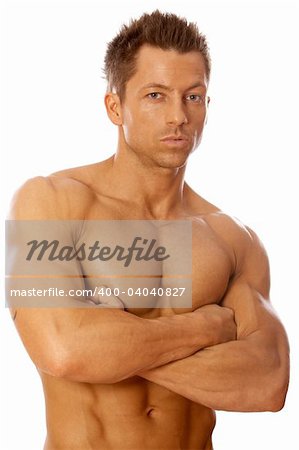 Muscular and tanned male isolated on white