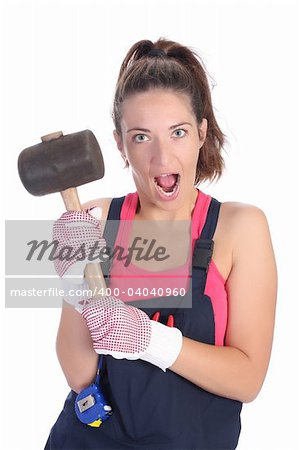 woman with black rubber mallet on white background