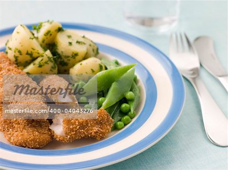 Chicken Goujons with Herb Buttered New Potatoes and Green Vegeta