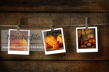 Halloween photos on distressed wood background