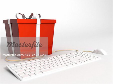 isolated three dimensional  keyboard ,mouse and wrapped red gift