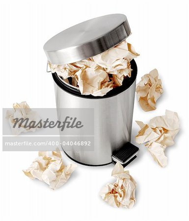 Wastebasket full up with crumpled paper. Isolated on white background