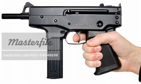 Man's hand holding the big automatic pistol