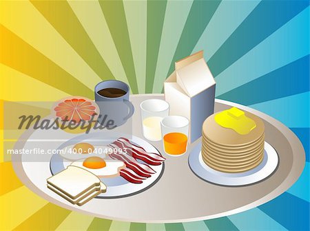 Complete breakfast with bacon pancakes coffee milk