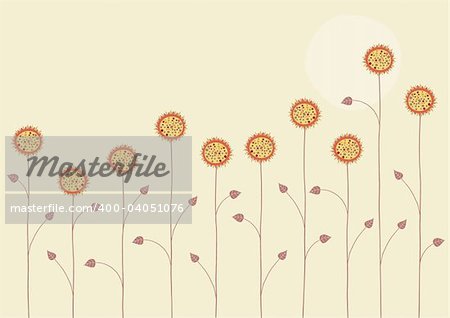 Vector illustration of   the sun is going down over the summer flowers on yellow background