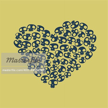 Heart shape made of small funny skulls. Vector illustration