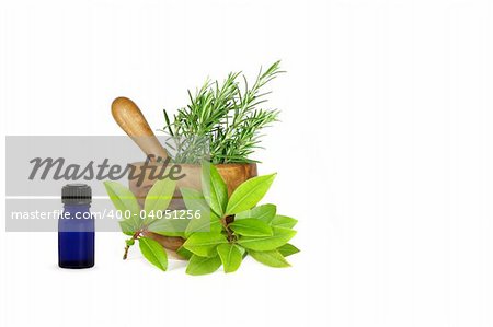 Fresh herb selection of rosemary and bay leaves with an olive wood pestle and mortar and aromatherapy essential blue glass oil bottle. Set against a white background.