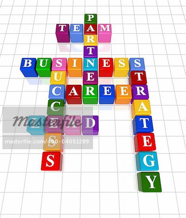 3d colour boxes crossword - partner, team, business, success, career, lead, strategy