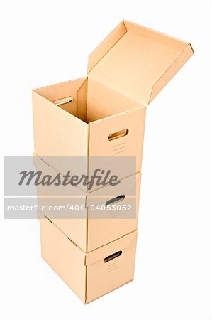 one open cardboard box on two others isolated on white