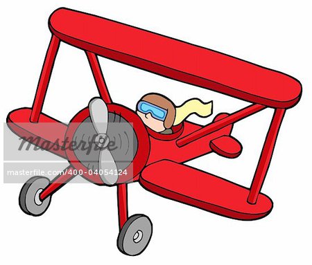 Flying red biplane - vector illustration.