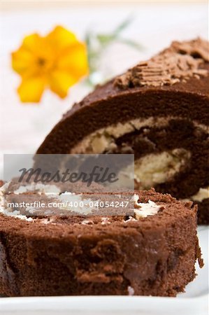 Sliced chocolate roll with a fresh flower on a white plate