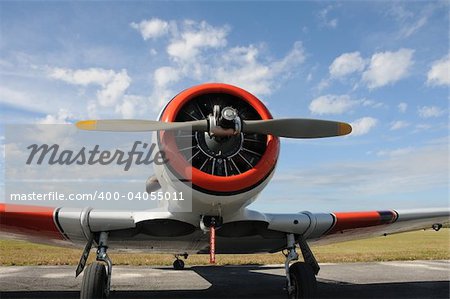 Front view of retro propeller airplane
