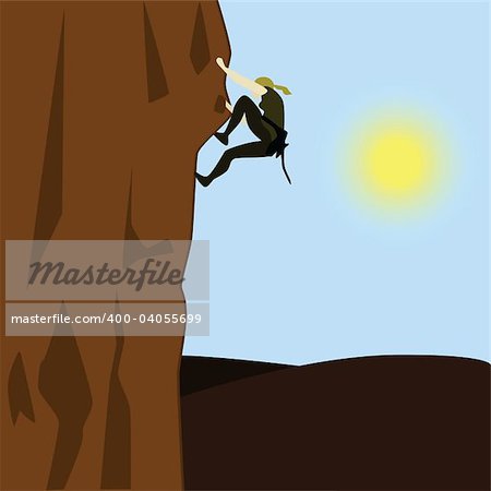 Illustration of a young woman climbing a steep rock