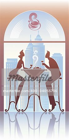 Couple have a dinner in the city restaurant.