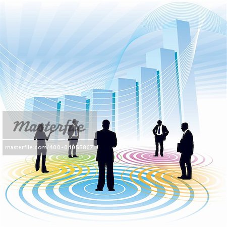 Businesspeople and a large chart in the background, conceptual business illustration.