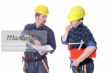 Two construction workers with architectural plans on white background