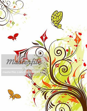 Grunge flower background with butterfly, element for design, vector illustration