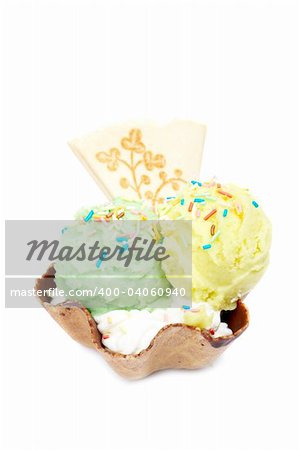 Delicious ice cream wafer with soft shadow, reflected on white background. Shallow depth of field