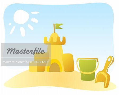 Ornate sand castle and beach toys on a sky background.