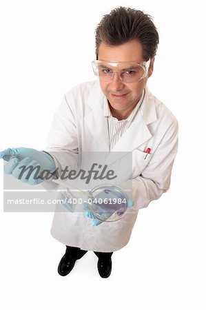 Researcher, microbiologist, pathologist, biotechnologist or other scientific or medical worker holding pipettor and petri dish.  He is standing on white background and smiling.