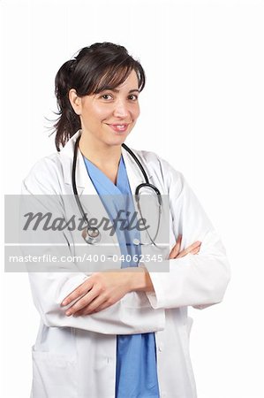 Friendly female doctor in lab coat with stethoscope