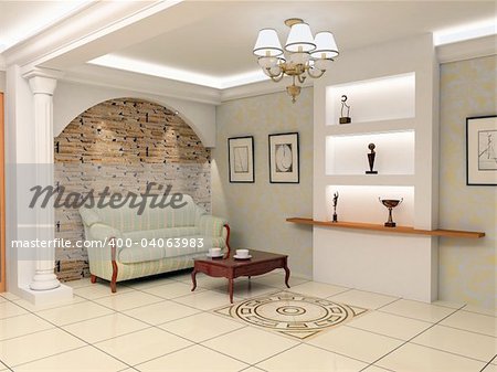 modern interior design (privat apartment foie 3d rendering)