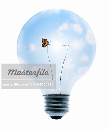 Clean energy, a light bulb with a bright sky and butterfly.