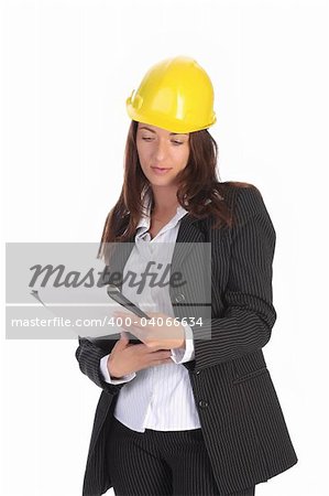 young businesswoman with documents on white background