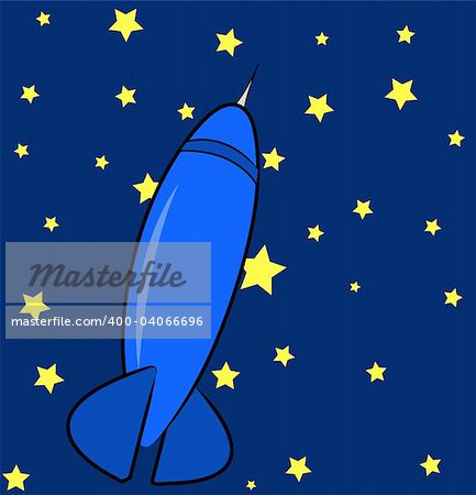 blue rocket ship in the sky with stars