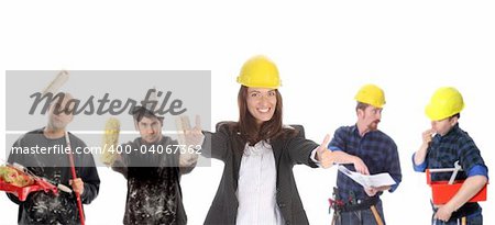 businesswoman with successful construction workers on white background