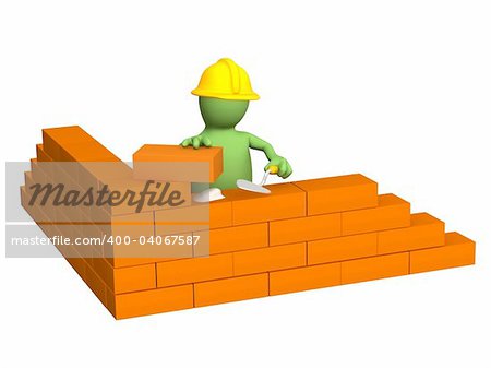 3d puppet - builder, building a brick wall. Object over white