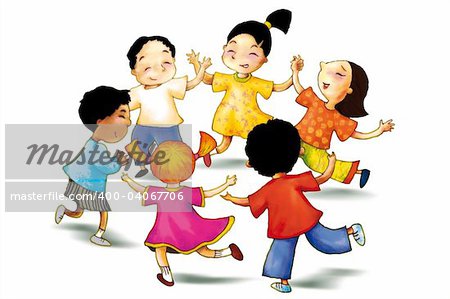 a concept illustration of children play together to show concept of happiness, Hand drawing outline and color with photoshop.six people,